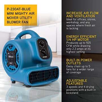 XPOWER P-230AT Mini Mighty 1/4 HP 925 CFM Centrifugal Air Mover, Carpet Dryer, Floor Fan, Blower, St...