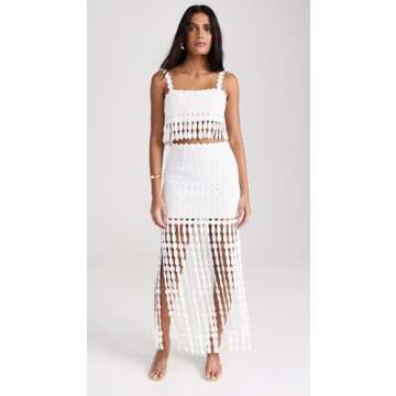 Saylor Women's Elie Fringe Midi Skirt Set, White, M