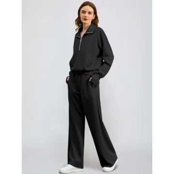 Casly Lamiit Lounge Sets for Women Trendy Half Zip Sweatshirt Wide Leg Sweatpants Lounge Matching Set Tracksuit Sweatsuit 2025 Fall Winter Clothes Set 2 Piece Outfits Black Plus Size XL