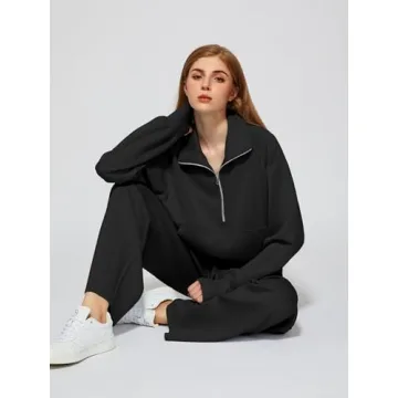 Casly Lamiit Lounge Sets for Women Trendy Half Zip Sweatshirt Wide Leg Sweatpants Lounge Matching Set Tracksuit Sweatsuit 2025 Fall Winter Clothes Set 2 Piece Outfits Black Plus Size XL