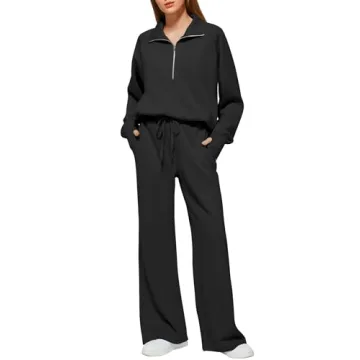Casly Lamiit Lounge Sets for Women Trendy Half Zip Sweatshirt Wide Leg Sweatpants Lounge Matching Set Tracksuit Sweatsuit 2025 Fall Winter Clothes Set 2 Piece Outfits Black Plus Size XL