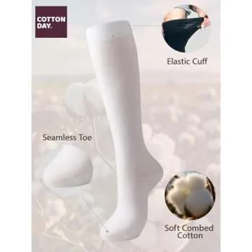 COTTON DAY Women's Soft Combed Cotton Knee High Calf Long Socks Seamless Toe Shoe Size 6-9 White