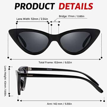 Przene Cat Eye Sunglasses for Women Candy Color Small Frame Trendy Cateye Sun glasses 6581 Black Frame Black Lens