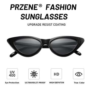 Przene Cat Eye Sunglasses for Women Candy Color Small Frame Trendy Cateye Sun glasses 6581 Black Frame Black Lens