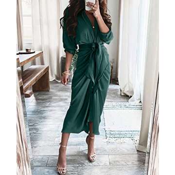 BTFBM Women Long Sleeve Satin Dress 2025 Summer Fall Lapel V Neck Button Down Belted Elegant Ruched ...