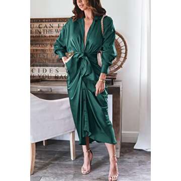 BTFBM Women Long Sleeve Satin Dress 2025 Summer Fall Lapel V Neck Button Down Belted Elegant Ruched Maxi Shirt Dresses(Solid Dark Green, X-Large)