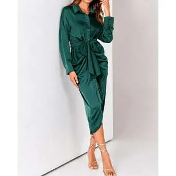 BTFBM Women Long Sleeve Satin Dress 2025 Summer Fall Lapel V Neck Button Down Belted Elegant Ruched Maxi Shirt Dresses(Solid Dark Green, X-Large)