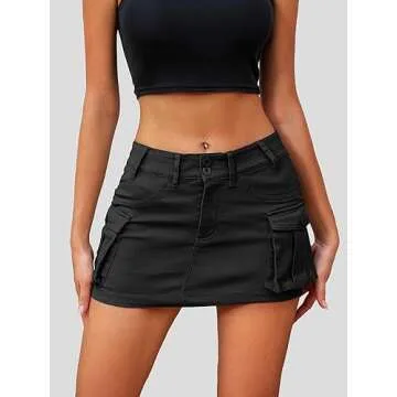 ELLEVEN Mini Cargo Skirts for Women High Stretchy, Low Waist Y2k Skirt Button Cute Denim Bodycon Jean Skirt with Pocket Black Medium