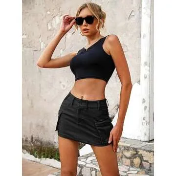 ELLEVEN Mini Cargo Skirts for Women High Stretchy, Low Waist Y2k Skirt Button Cute Denim Bodycon Jean Skirt with Pocket Black Medium