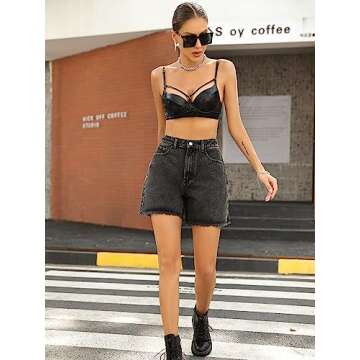 SweatyRocks Women's High Waist Denim Shorts Straight Leg Raw Hem Jean Shorts Summer Hot Pants with Pockets Deep Grey XS