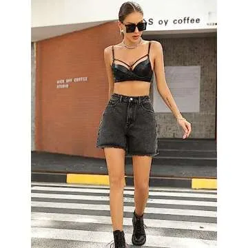 SweatyRocks Women's High Waist Denim Shorts Straight Leg Raw Hem Jean Shorts Summer Hot Pants with Pockets Deep Grey XS