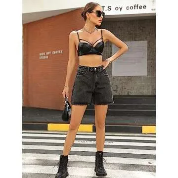 SweatyRocks Women's High Waist Denim Shorts Straight Leg Raw Hem Jean Shorts Summer Hot Pants with Pockets Deep Grey XS