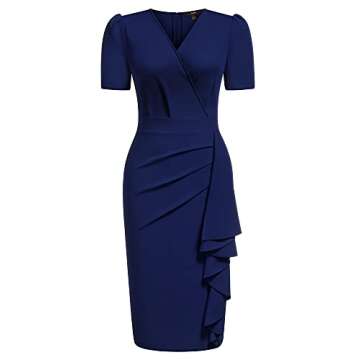 Knitee Women's Retro Business V Neck Short Puff Sleeve Ruffle Cocktail Dress A-Navy Blue Large