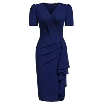 Knitee Women's Retro Business V Neck Short Puff Sleeve Ruffle Cocktail Dress A-Navy Blue Large