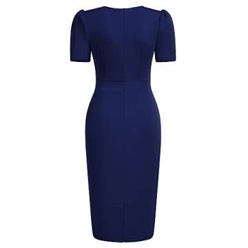 Knitee Women's Retro Business V Neck Short Puff Sleeve Ruffle Cocktail Dress A-Navy Blue Large