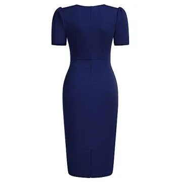 Knitee Women's Retro Business V Neck Short Puff Sleeve Ruffle Cocktail Dress A-Navy Blue Large