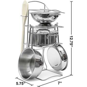 Click N' Play Stainless Steel Toy Cookware Pots and Pans with Pot Rack Organizer and Cooking Utensil Pretend Play Kitchen Set for Kids and Toddler Ages 1-3 - 7 Pcs. | Playset Accessories and Food Sets