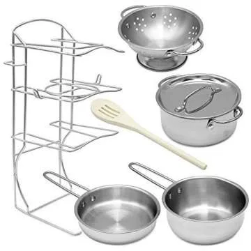 Click N' Play Stainless Steel Toy Cookware Pots and Pans with Pot Rack Organizer and Cooking Utensil Pretend Play Kitchen Set for Kids and Toddler Ages 1-3 - 7 Pcs. | Playset Accessories and Food Sets