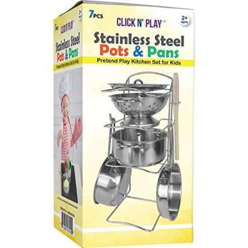 Click N' Play Stainless Steel Toy Cookware Pots and Pans with Pot Rack Organizer and Cooking Utensil Pretend Play Kitchen Set for Kids and Toddler Ages 1-3 - 7 Pcs. | Playset Accessories and Food Sets