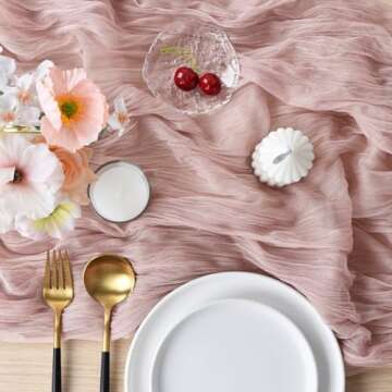 Joanlody Dusty Rose Cheesecloth Table Runner 10Ft Rustic Gauze Cheese Cloth Table Runner Boho Easter Spring Summer Table Runner for Wedding Bridal Baby Shower Decoration