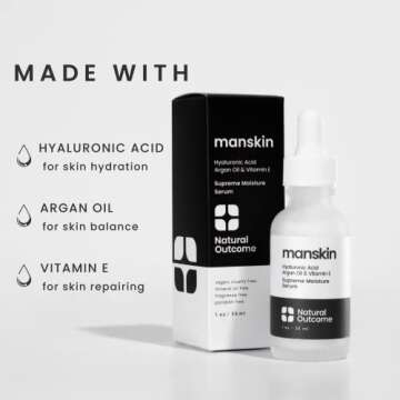 Natural Outcome Man Skin Supreme Moisture Serum Mens Serum I Mens Anti-Aging Day & Night Facial Serum I Advanced Moisture Serum with Hyaluronic Acid, Argan Oil & Vitamin E