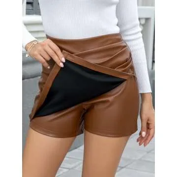 We1Fit Faux Leather Skorts for Woman Dressy Casual High Waisted PU Leather Shorts Ruched Wrap Skorts Skirts Brown