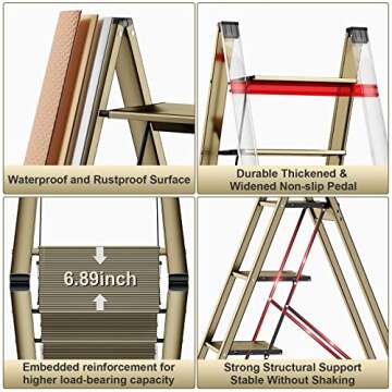 4 Step Ladder Folding Step Stool Aluminum Wide Pedal Portable Stepping Stools for Adults 330 IBS Capacity Multi-Use Light Home&Kitchen Gold Ladders