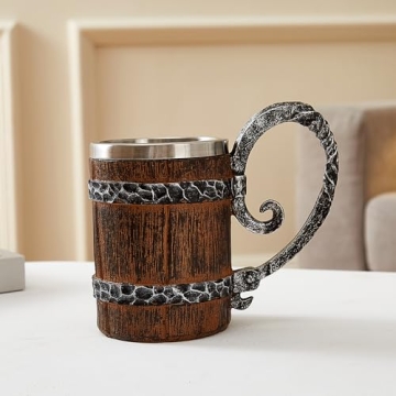 OTARTU Vintage Faux Oak Wood Barrel Beer Mug, Medieval Retro Viking Stainless Steel Coffee Cup Stein Tankard,17oz/500ML Cup Mug,Unique Gift