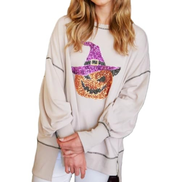 Juakoso Women Halloween Sequin Sweatshirt Funny Spooky Ghost Long Sleeve Pullovers Trendy Crew Neck ...