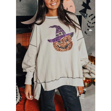 Juakoso Women Halloween Sequin Sweatshirt Funny Spooky Ghost Long Sleeve Pullovers Trendy Crew Neck Halloween Clothes