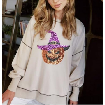 Juakoso Women Halloween Sequin Sweatshirt Funny Spooky Ghost Long Sleeve Pullovers Trendy Crew Neck Halloween Clothes