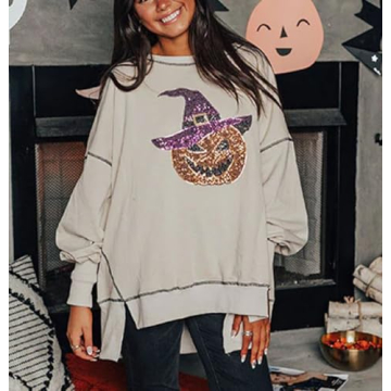 Juakoso Women Halloween Sequin Sweatshirt Funny Spooky Ghost Long Sleeve Pullovers Trendy Crew Neck Halloween Clothes