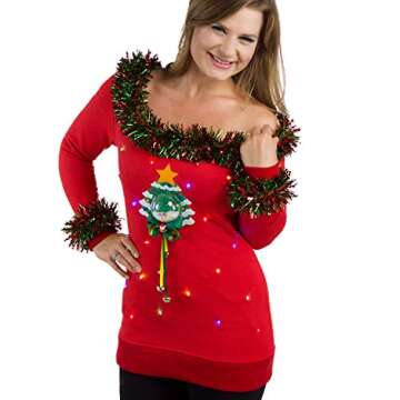 Light Up Ugly Christmas Sweater Women with 3D Snow Globe, Sexy Cute Ugly Sweater With Lights & Tacky Garland XS - XL