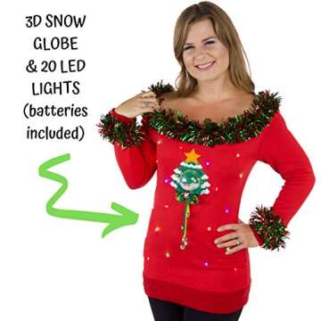 Light Up Ugly Christmas Sweater Women with 3D Snow Globe, Sexy Cute Ugly Sweater With Lights & Tacky Garland XS - XL