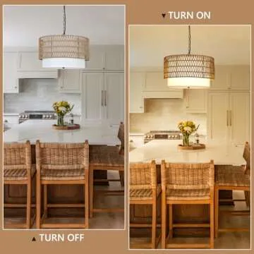 PAUFUL Farmhouse Chandeliers for Dining Room,5-Light Rattan Boho Chandelier Light Fixture with Fabri...