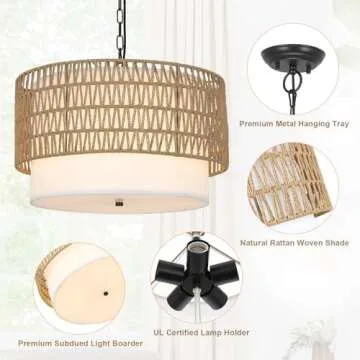 PAUFUL Farmhouse Chandeliers for Dining Room,5-Light Rattan Boho Chandelier Light Fixture with Fabric Shade,Hand Woven Large Rattan Dining Room Light Fixture for Kitchen Bedroom Island Hallway