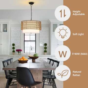 PAUFUL Farmhouse Chandeliers for Dining Room,5-Light Rattan Boho Chandelier Light Fixture with Fabric Shade,Hand Woven Large Rattan Dining Room Light Fixture for Kitchen Bedroom Island Hallway