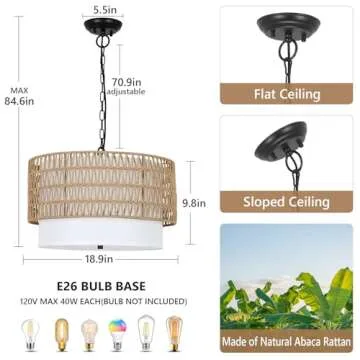 PAUFUL Farmhouse Chandeliers for Dining Room,5-Light Rattan Boho Chandelier Light Fixture with Fabric Shade,Hand Woven Large Rattan Dining Room Light Fixture for Kitchen Bedroom Island Hallway