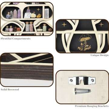 FNYDOX Wooden Mushroom Floating Shelves, Crystal Display Shelf for Wall, Cute Mushroom Wall Decor, Rock Gem Stone Storage Organizer, Essential Oil Holder Hanging Case, Meditation Art Spiritual Gift