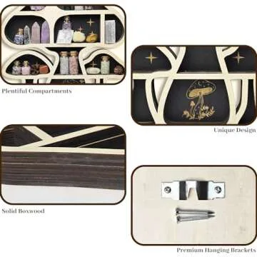 FNYDOX Wooden Mushroom Floating Shelves, Crystal Display Shelf for Wall, Cute Mushroom Wall Decor, Rock Gem Stone Storage Organizer, Essential Oil Holder Hanging Case, Meditation Art Spiritual Gift