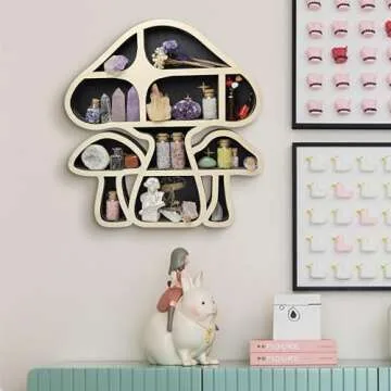 FNYDOX Wooden Mushroom Floating Shelves, Crystal Display Shelf for Wall, Cute Mushroom Wall Decor, Rock Gem Stone Storage Organizer, Essential Oil Holder Hanging Case, Meditation Art Spiritual Gift