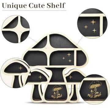 FNYDOX Wooden Mushroom Floating Shelves, Crystal Display Shelf for Wall, Cute Mushroom Wall Decor, Rock Gem Stone Storage Organizer, Essential Oil Holder Hanging Case, Meditation Art Spiritual Gift