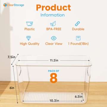 ClearStorage Clear Plastic Storage Bins, 8 Pack Pantry Organizers and Storage with Handle, Pantry Storage for Fridge, Freezer, Kitchen Cabinet, Pantry Organization and Storage, BPA Free (11x8x6 )
