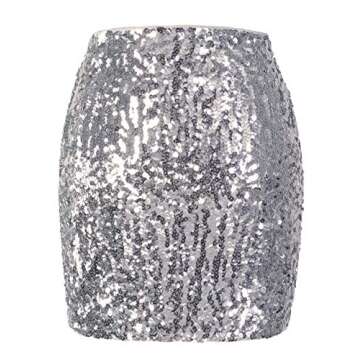 MANER Women's Sequin Skirt Sparkle Stretchy Bodycon Mini Skirts Night Out Party (S/US 4-6, Silver Gr...