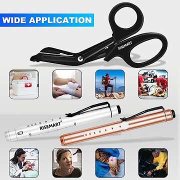 Trauma Shears & Pen light for nurses - 7.5" Fluoride Coated Medical scissors and LED Penlight for Nurse, Doctor, First Aid, EMT, EMS, Nursing (Black Bandage Scissor + Gold & White Pen lights)