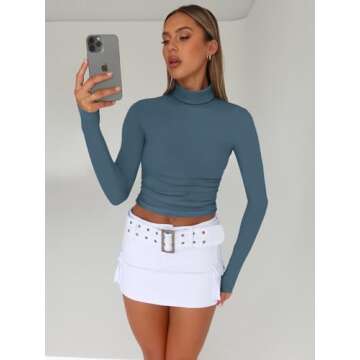 Trendy Queen Womens Long Sleeve Turtleneck Crop Tops Turtle Neck Shirts Basic Going Out Y2K Tee Fall Fashion Clothes