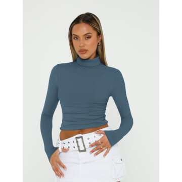 Trendy Queen Womens Long Sleeve Turtleneck Crop Tops Turtle Neck Shirts Basic Going Out Y2K Tee Fall Fashion Clothes