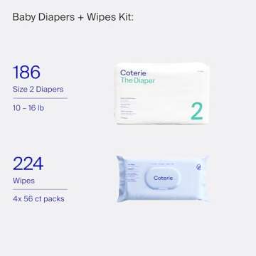 Coterie Baby Diapers + Wipes Baby Kit, Size 2 (10-16 lbs) 186 Count + 4 Wipe Packs (224 Wipes) Made with Plant-Derived Fibers, Hypoallergenic, Designed for Sensitive Skin, Clean Ingredients