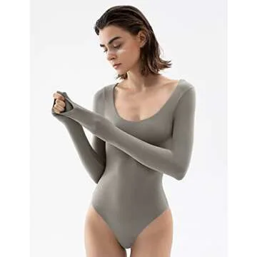 PUMIEY Long Sleeve Bodysuit for Women - Stylish Scoop Neck Tops in Elephant Grey