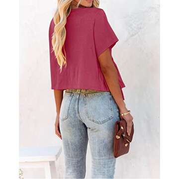 Fanway&EC Women's Short Sleeve V Neck Blouses Ruffle Hem Tie Front Crop Tops Lightweight Basic Summe...